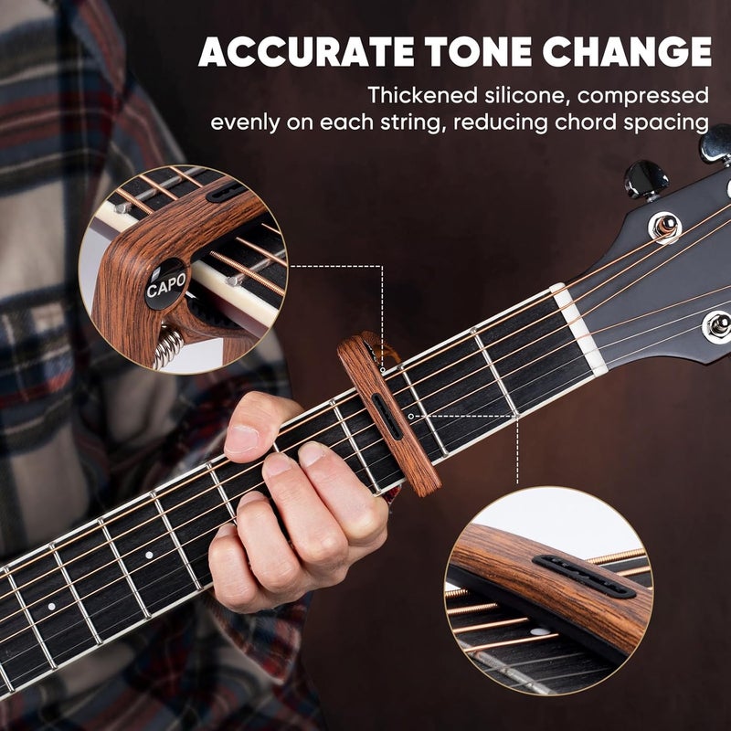Aarvi Guitar Capo 6-String for Acoustic & Electric Guitars - Universal Clamp with 4 Premium Picks - Compatible with Ukulele, Banjo, Mandolin(Rosewood+Black) - Image 5